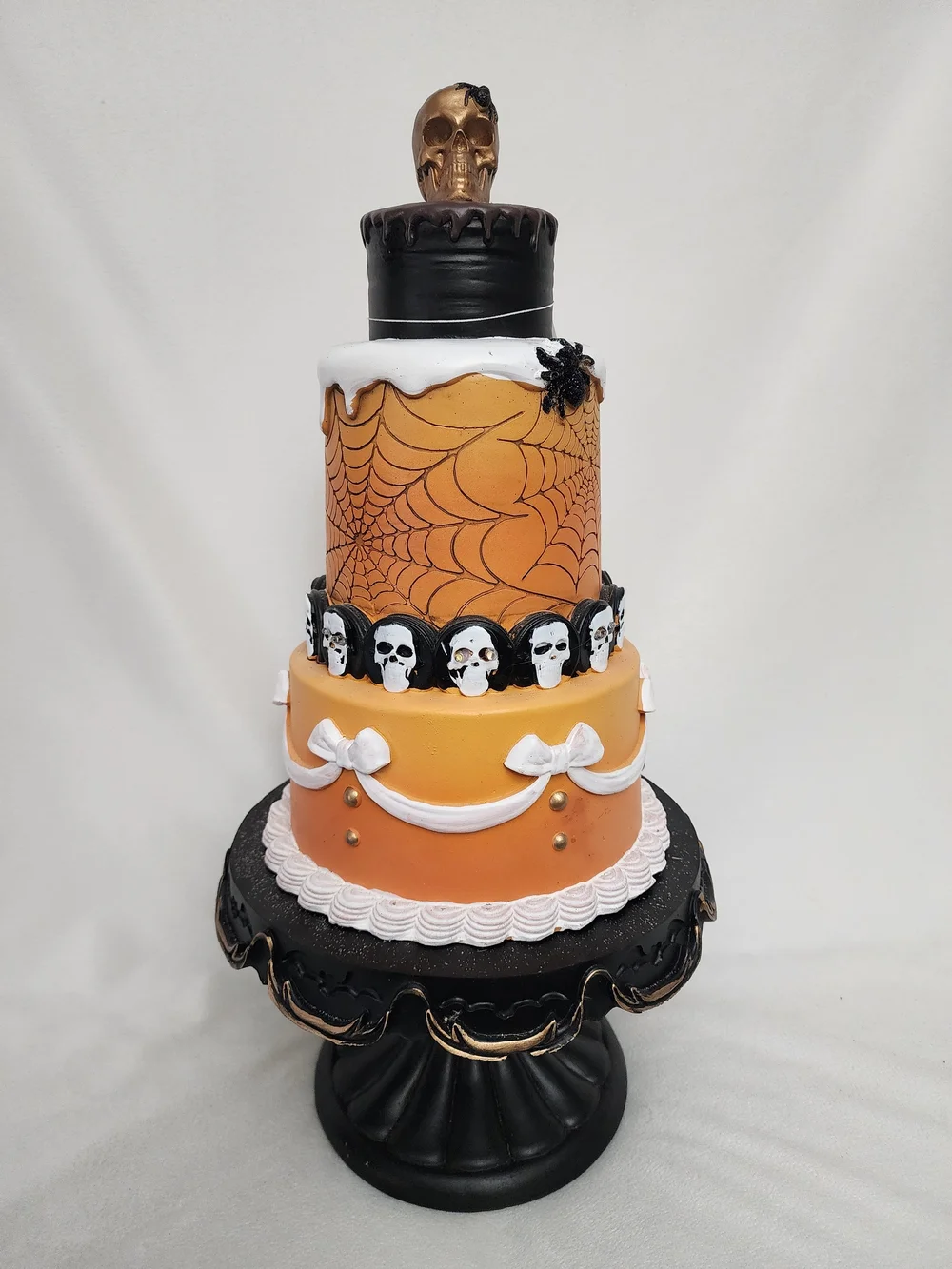 Halloween Skull Tiered Cake Decoration - Orange & Black